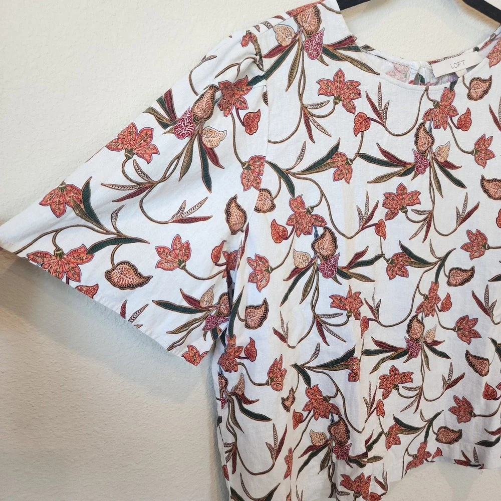 LOFT Womens Floral Linen Blend‎ Top in Large Cottagecore, Boho, Earthy, Granola